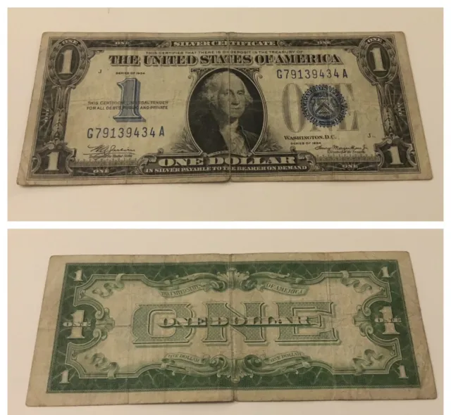 Vintage One Dollar 1934 Silver Certificate $1 Bill Julian Morgenthau Funnyback