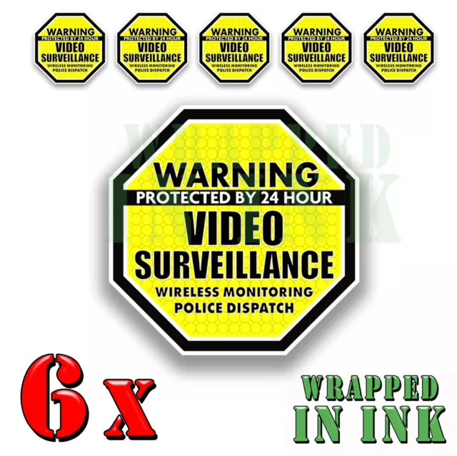 Video Surveillance Security Stickers Decals Warning 24 hour YELLOW 6pack Octagon