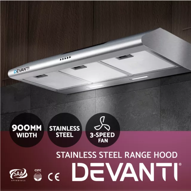 Devanti 900mm Range Hood 90cm Rangehood Kitchen Canopy LED Light Stainless Steel