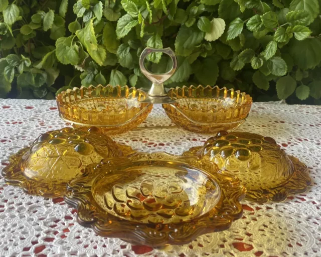 VTG AMBER Pressed  Glass Twin Bowls w/  Carrier Caddy + 3 Serving Bowls