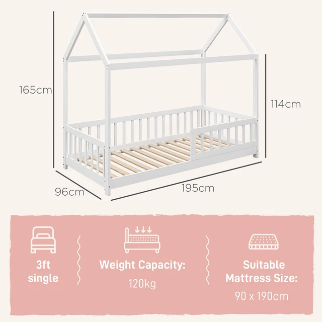 HOUSE SHAPED KIDS Bed Frame with Guard Rails Solid Pine Wood Single Bed ...
