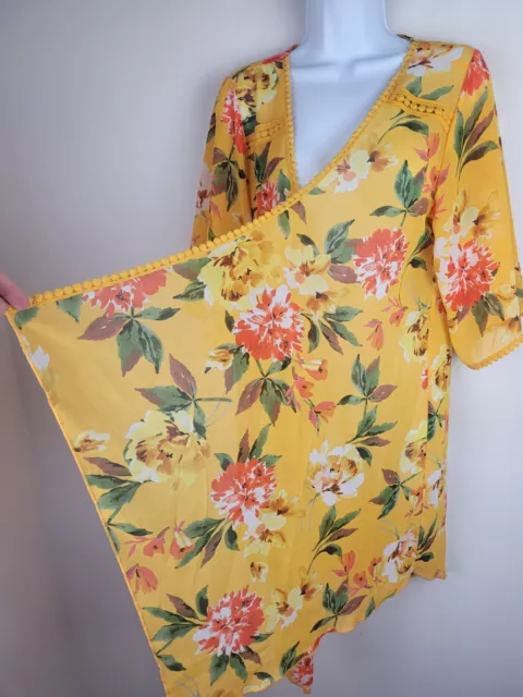 Colorful Kimono Women M Yellow Floral Sheer Open Chiffon Boho Chic Peasant Beach