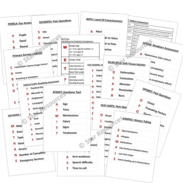 16X MEDICAL MNEMONICS Revision Flash Cards Paramedic, ECA, Student