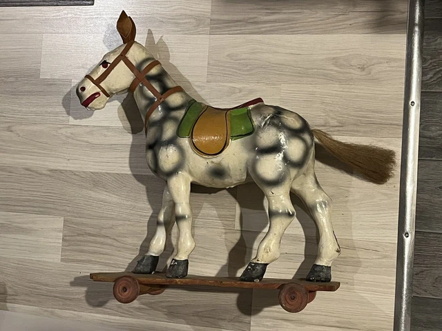 Ancien Cheval à Bascule Et Roulettes En Bois Polychrome - Fin XIXe Début XXe - Jouet Ancien
