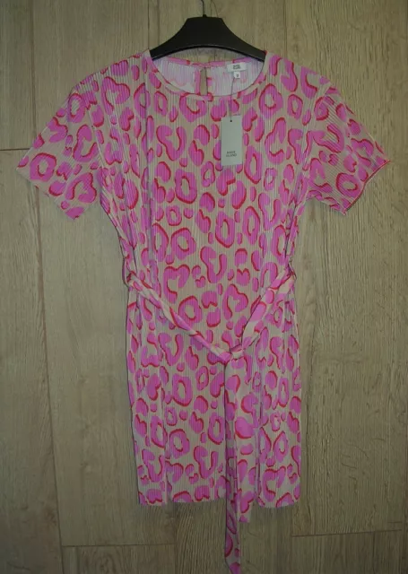 BNWT RIVER ISLAND Girls Pink Animal Print Skinny Pleat Dress Age 9-10 140cm NEW
