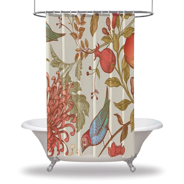 Flowers Bathroom Shower Curtain /Waterproof Fabric-Leaves Birds Pattern Japanese