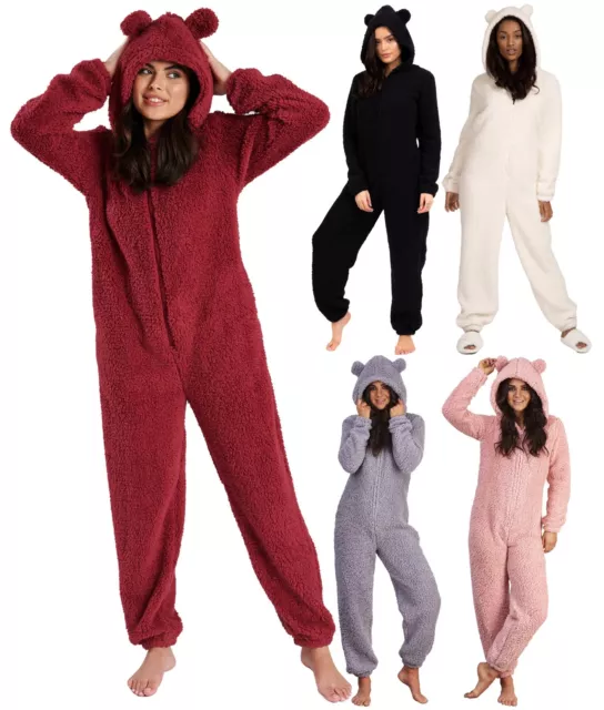 Sherpa Teddy 1Onesie Ladies Hooded Fleece Bear All In One Zip Nightwear Jumpsuit