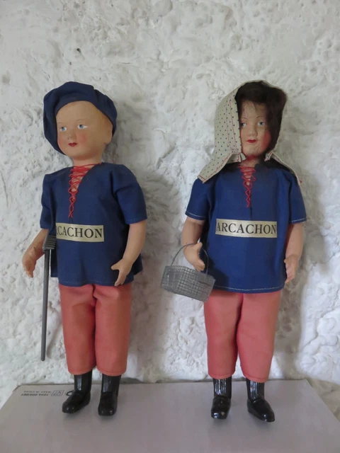 Poupées Anciennes Fleischmann – Couple De Pêcheurs, Têtes Biscuit, 20 Et 23 Cm
