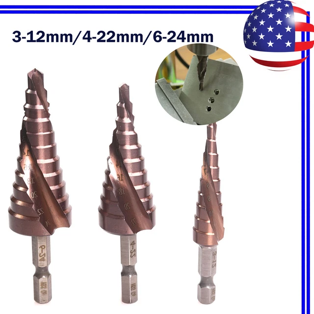 Spiral Groove Step Cone Cobalt Drill Bit HSS Hex Hole Cutter, 3-12 4-22 6-24mm