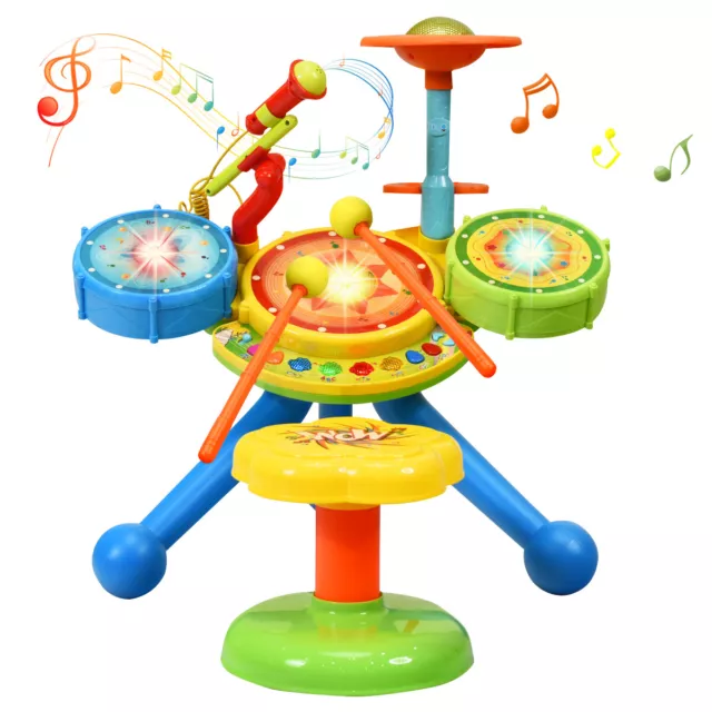 Kids Jazz Drum Set Electric Educational Musical Play Toy w/Stool Mic & LED Light