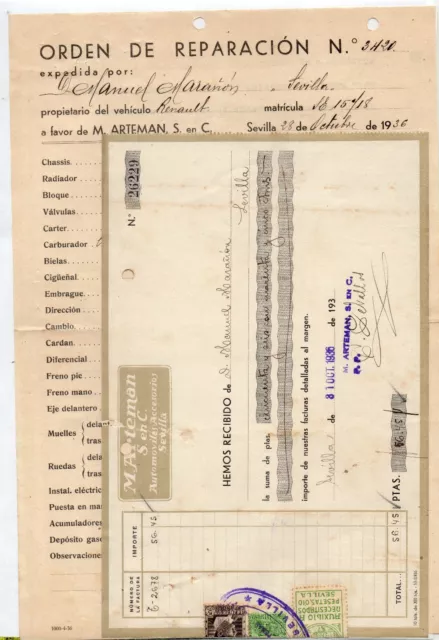 Recibo y orden de reparaciñó de automovil M.Arteman Sevilla año 1936 (CZ-888)