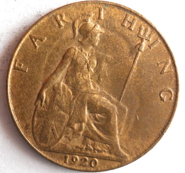 1920 GREAT BRITAIN FARTHING - AU/UNC - Excellent Vintage Coin - Lot #S23