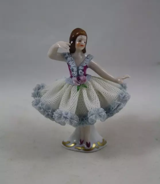 Dresden Germany Miniature White w Blue Trim Porcelain Lace Ballerina Figurine