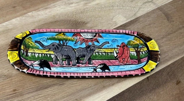 PENZO Zimbabwe Hand Painted African Pottery TRINKET TRAY Elephants Rhino 1999