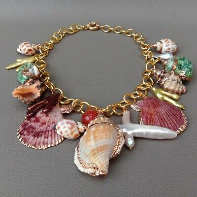 19" Multi Sea Shell Pearl Chain Necklace Summer Beach Jewelry