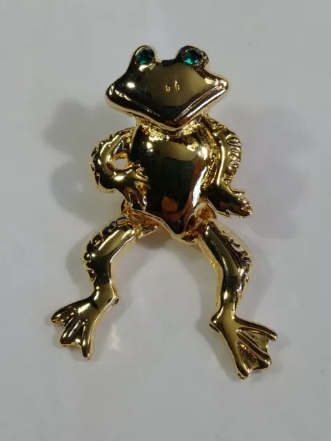 Dancing Frog Lapel Hat Jacket Pin Moveable Legs Faux Green Jewel Eyes