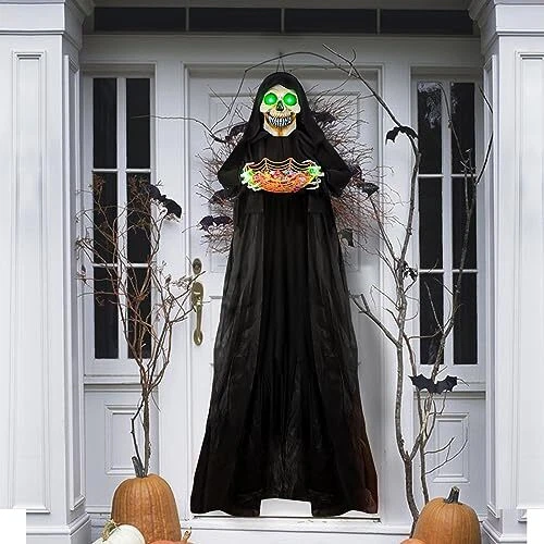 71” Halloween Hanging Animated Skeleton Ghost Decoration with Candy bowl skull