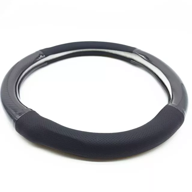 Black Leather Carbon Fiber Car Steering Wheel Cover Breathable Anti-slip 15in