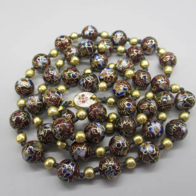 Vintage Cloisonne Necklace Multicolor Floral Beads Hand Knotted Gold Tone 32"