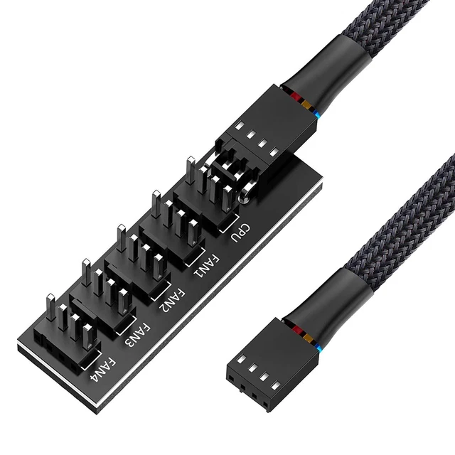 MOTHERBOARD PWM FAN Hub Splitter 4 Pin Black Sleeved 5 Way Pc CPU