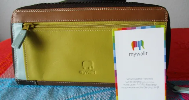 MYWALIT  NEW Large Zip Wallet Clutch  Browns Yellow Blue MSRP:$135 "Mocha"