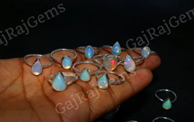 20 PCs Natural Fire Ethiopian Opal Gemstone 925 Silver Plated Ring Jewelry Lot.