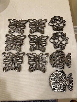 Vintage Lot Of 10 Silver & Black Cast Iron Trivets 6 Butterfly 2 Fish 2 Basket