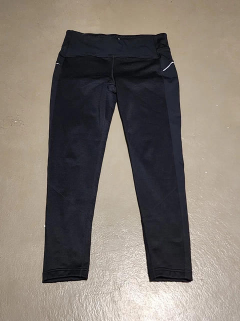 Athleta Leggings Pants Women's Large Black Silver Logo Back Zip Pocket