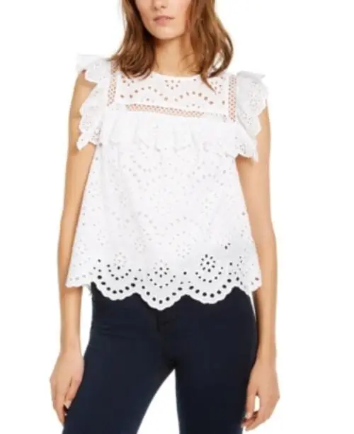 MSRP $70 Inc International Concepts Eyelet Flutter-Sleeve Top White Size XS