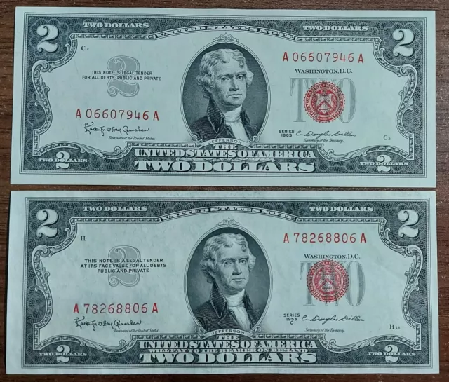 Set 2 Pcs 1953 and 1963 Two Dollar Bill Red Seal CU $2 Note UNC