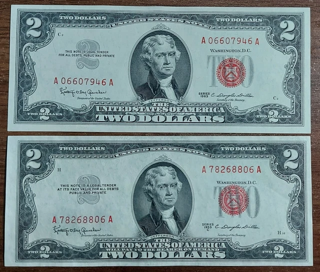 Set 2 Pcs 1953 and 1963 Two Dollar Bill Red Seal CU $2 Note UNC