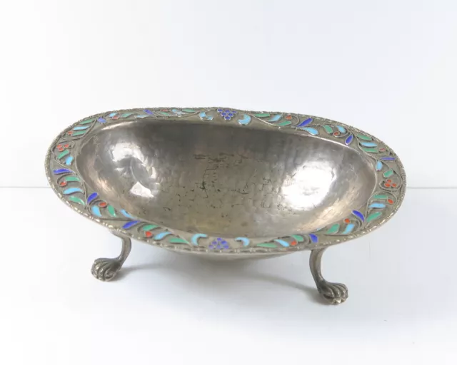 Ovale Schale 925 Silber ca. 83 Gramm mit Emaille Malerei Hammerschlag, gestaucht