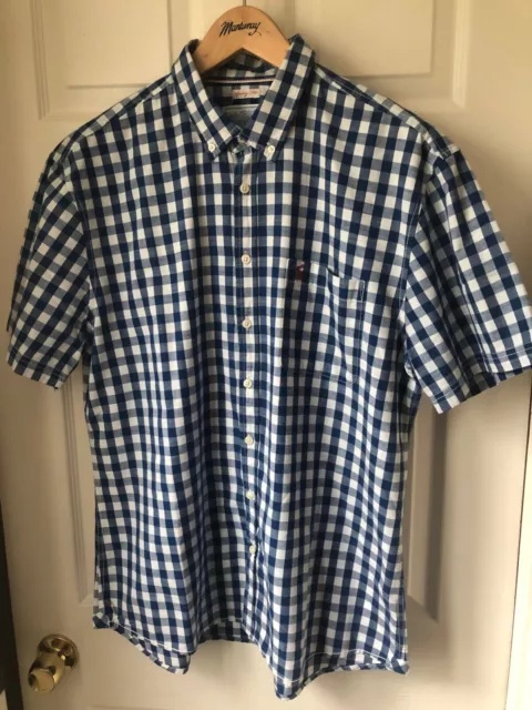 Joules Gingham Check Shirt Blue White Short Sleeve Casual Mens Retro MOD XL 48"