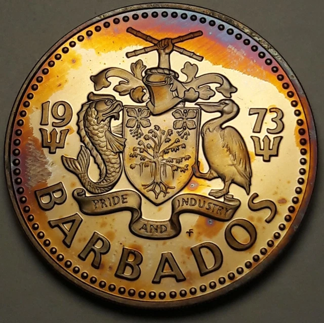 1973 Barbados Two 2 Dollars Proof Unc Unique Yellow Color Toned Choice Bu (Ss)