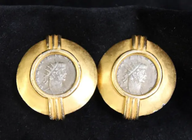 Vintage Carolee Roman Silver Coin Clip on Earrings Gold Tone & Pewter Metal