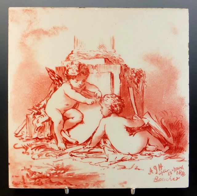CHARMING RARE 19th. CENTURY HAND PAINTED MINTON 8" TILE after F. BOUCHER - 1881