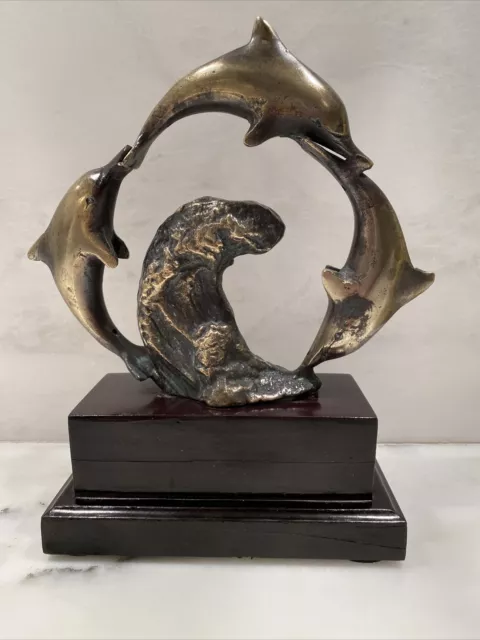 Stunning Sculpture Art Bronze 3 Dolphins Circle A Great Wave Base 7.5" Figurine