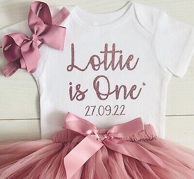 Baby Girls Personalised First 1st Birthday Outfit Cake Smash Set Tutu Skirt Bow
