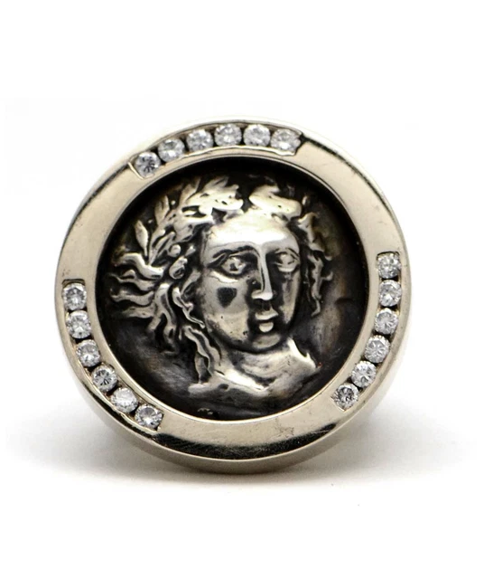 Solid 18K White Gold Ancient Coin Ring with Genuine Diamonds 1.10cttw 52.5g