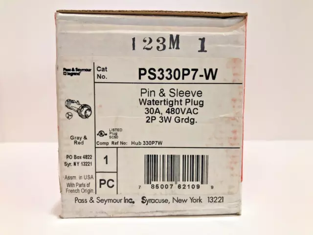 Legrand Pass & Seymour PS330P7-W Watertight Plug, 30A, 480VAC, 2P, 3W, Grdg. NIB