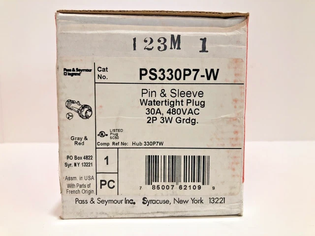 Legrand Pass & Seymour PS330P7-W Watertight Plug, 30A, 480VAC, 2P, 3W, Grdg. NIB