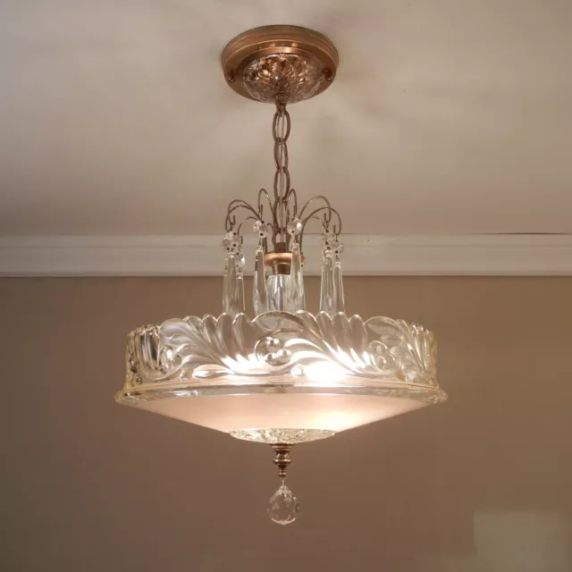 Vintage Chandelier 1930s Fleur de Lis Glass Solid Brass Ceiling Light Fixture