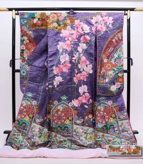 Uchikake Kimono Japan Hanae Mori Pure Silk Used Blue-Purple Pink Floral Calico