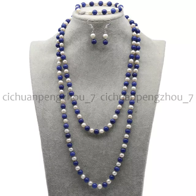 Natural 8mm Blue Lapis Lazuli White Pearl Beads Necklace Bracelet Earrings Set