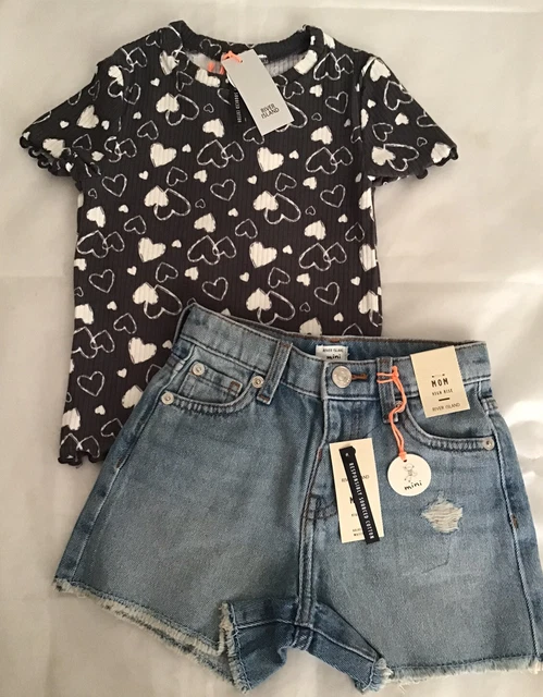 River Island Mini Girls Aged 3-4 Years Ribbed Top Jeans shorts Outfit BNWT