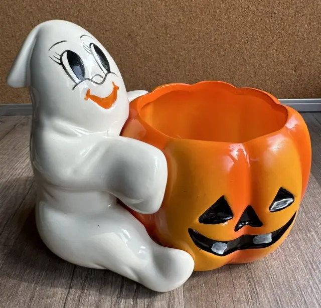 Vintage Halloween Ceramic Happy Ghost Pumpkin Planter Anthropomorphic 80s Taiwan