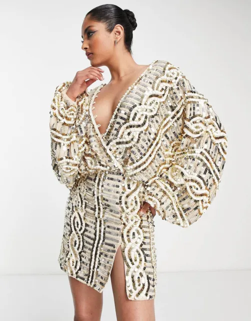 ASOS DESIGN Embellished Kimono Mini Dress with Gold Sequins Size 12