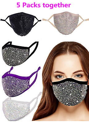 5 Pack Rhinestone Face Mask Bling Glitter Fashion Fancy Reusable Bling Mask