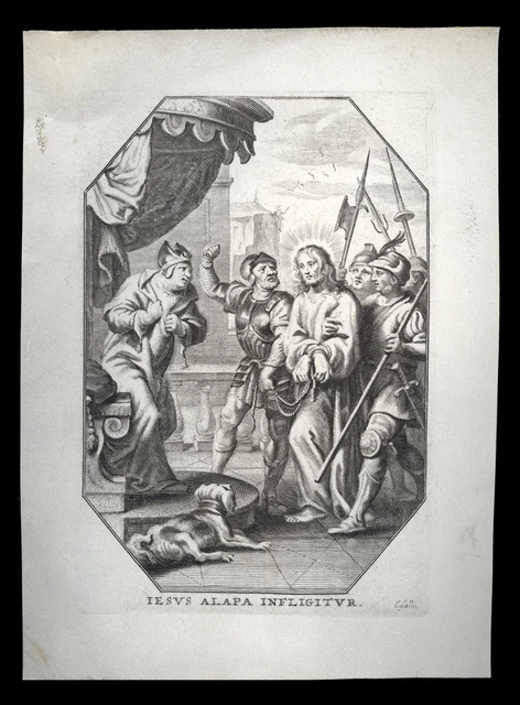 SANTINO PERGAMENA 1600  GESU' SCHIAFFEGGIATO,CAIFA SI STRAPPA LE VESTI  c. galle