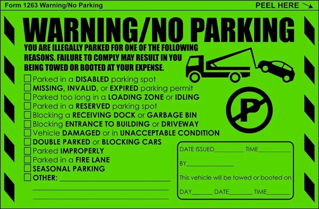 MESS Illegal Parking Warning Stickers - 100/Pack - Green - 8x5 in